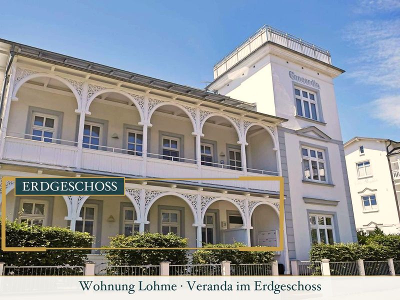 Villa Concordia mit goldener Markierung der Erdgeschoss-Veranda der Wohnung Lohme